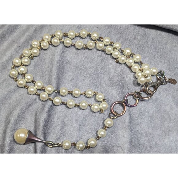 Vintage Korean EXP Faux Pearl Anodized Gold Tone Y Drop Necklace - Picture 6 of 7